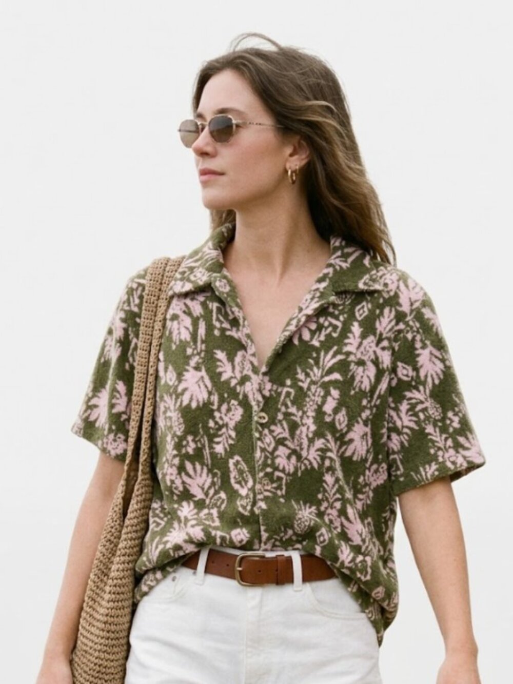NWOT The Upside Cocos Stella Terry Toweling Camp Shirt Olive Pink-S- MSRP $160